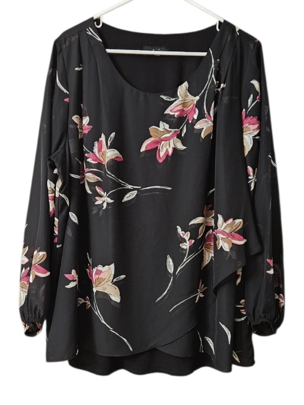 AGB Long Sleeve Blouse Black Floral Layered Chiffon Women's 1X Flowy
